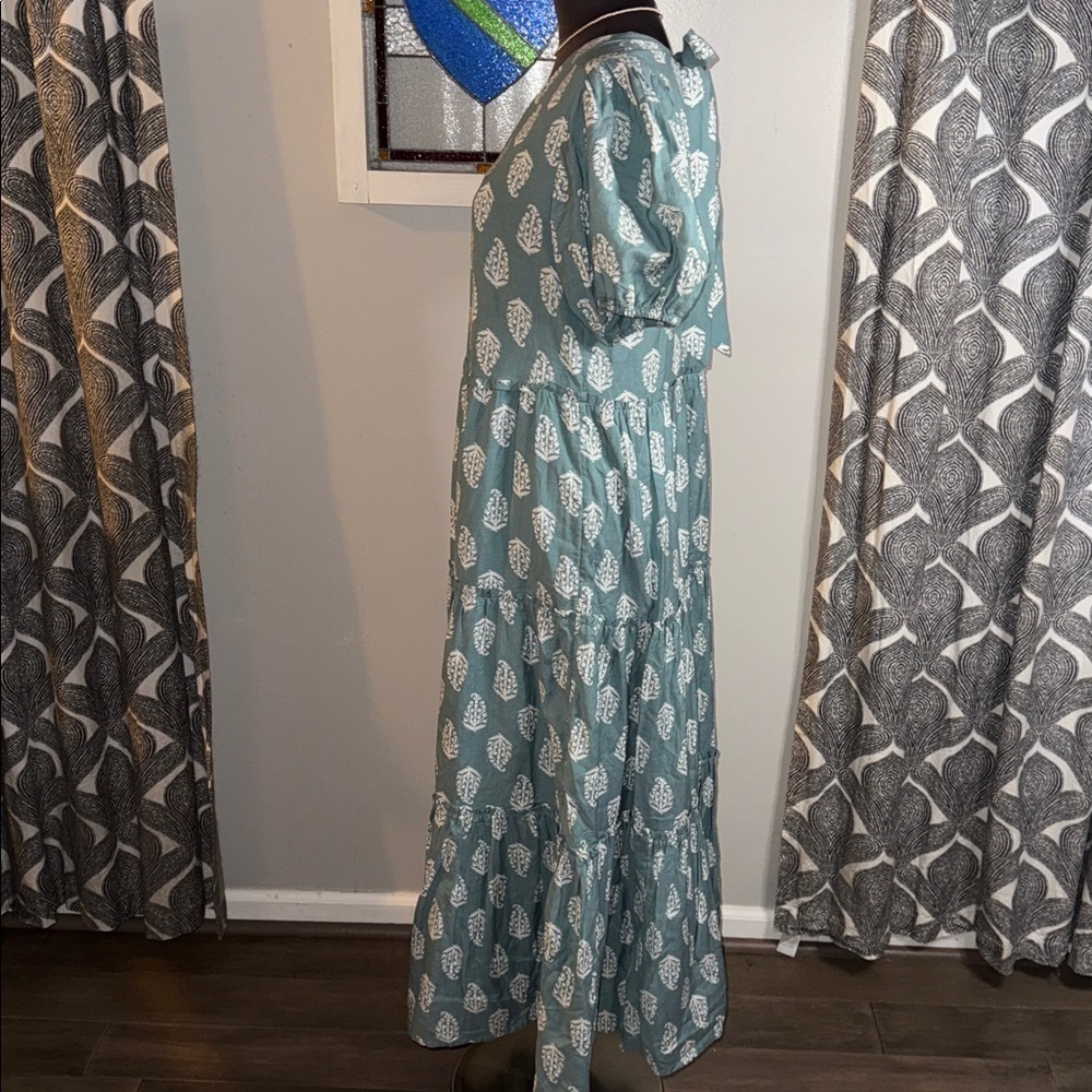 Lucky Brand Block Print Puff Sleeve Tiered Maxi Dress SZ Medium - Picture 5 of 10